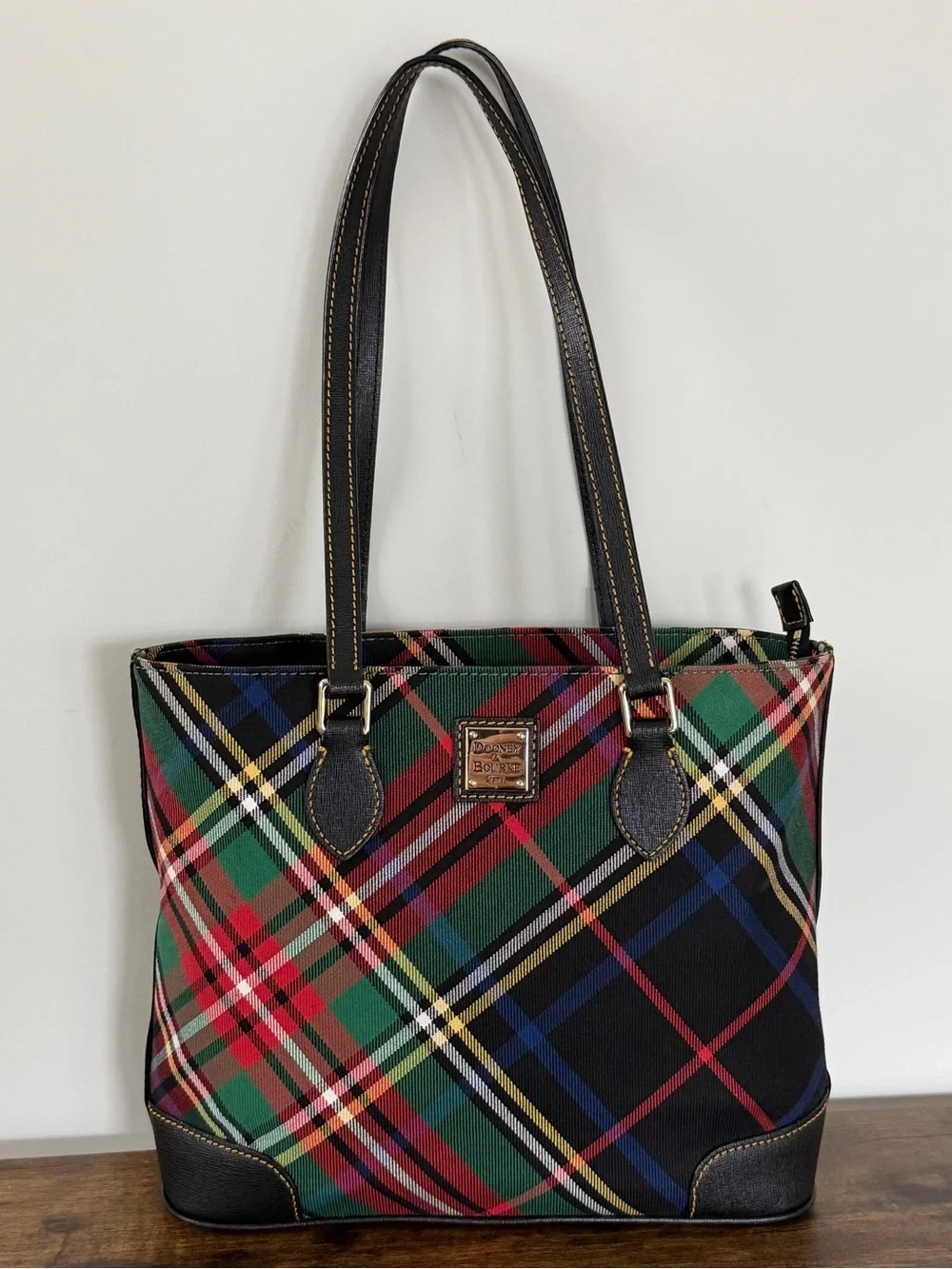 Dooney & Bourke Tartan Plaid Tote Multicolor Black Leather Trim